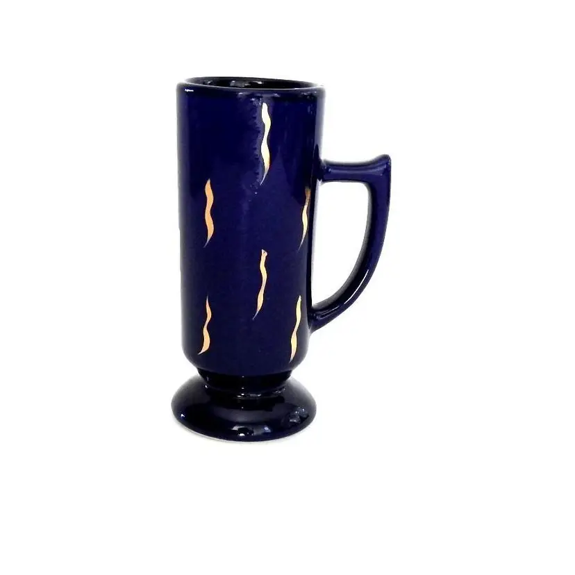 Retro 80s Taiwan Cobalt Blue With Gold Pedestal Ceramic Mug Cup