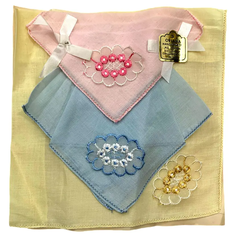 3 Mid Century Vintage Floral Embroidery Handkerchief Hankie Cotton Ladies Orlana