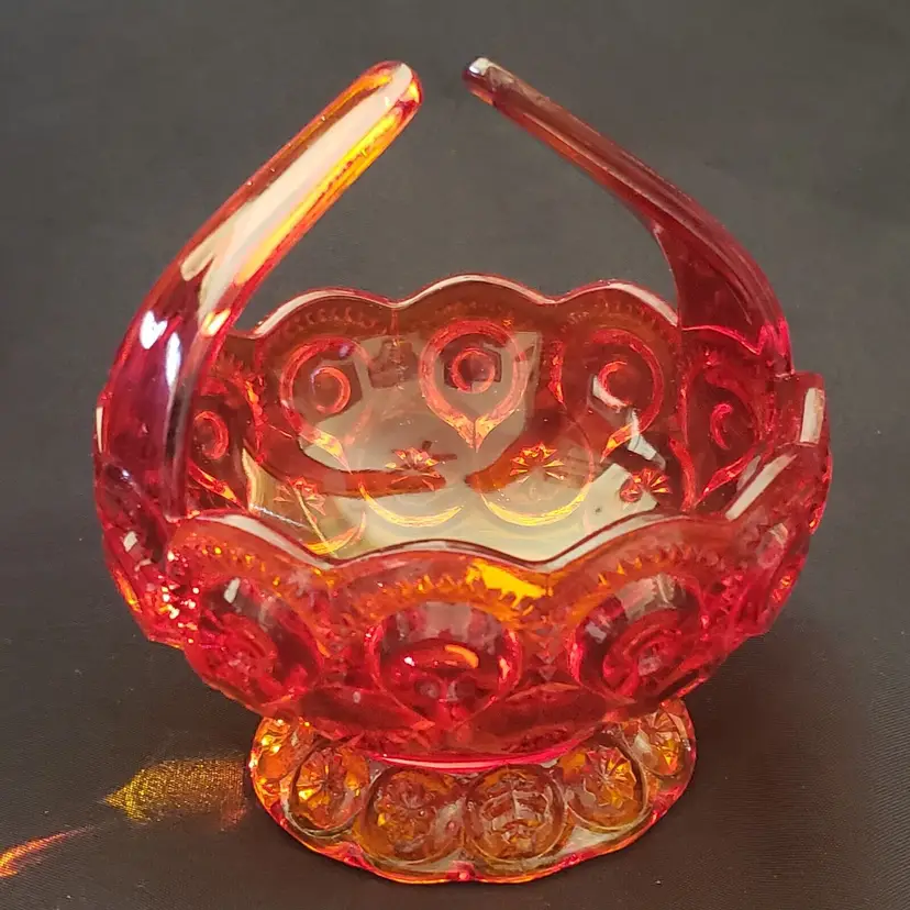 Glowy Amberina Moon & Stars Glass Basket EAPG Pressed Glass LE Smith (attributed) 5"