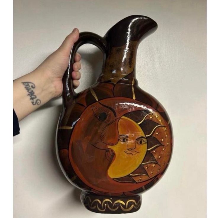 Large Hand Painted Sun And Moon Terracotta Vase