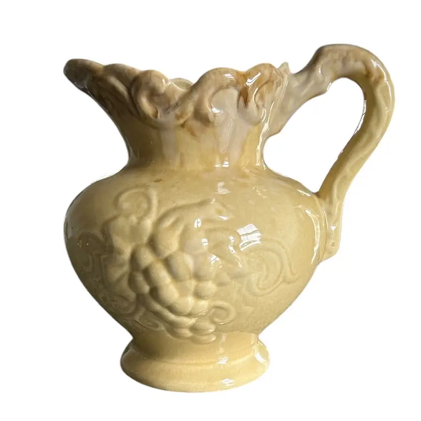 Large Vintage Beige Glazed Grape Embossed Ceramic Pouring Pitcher