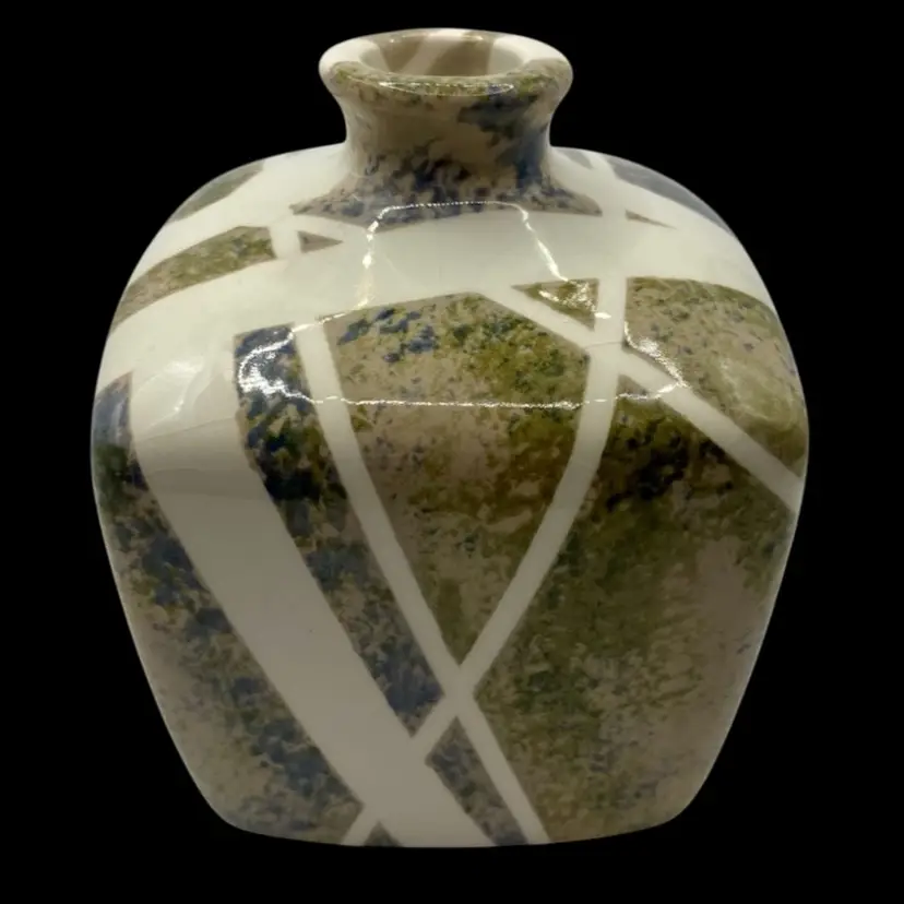 Signed Studio Pottery Ceramic 4.5" Cube Bud Vase, Multi-glaze Colors