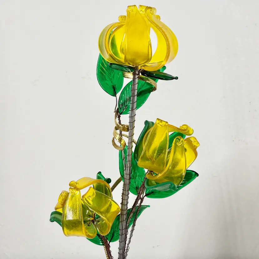 Czech Glass Floral Bouquet with Vase. Yellow, Green, Clear. Hand Crafted. NOS. 10” X 3”