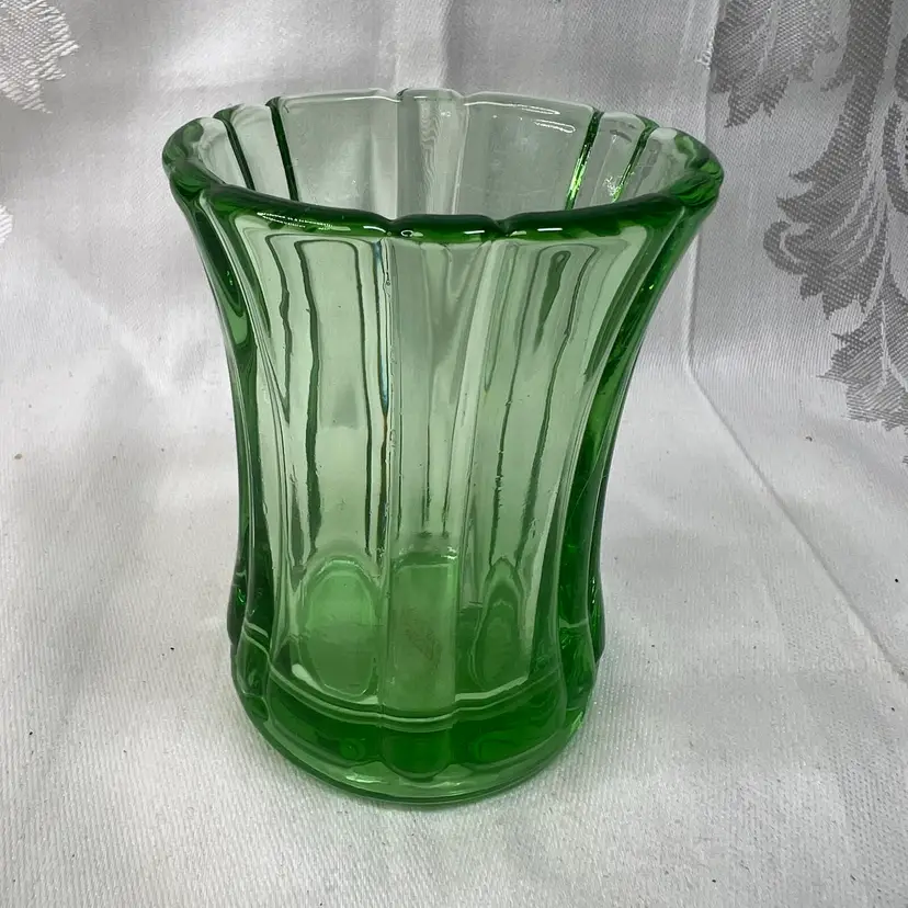 Vintage Hand Made Green Fluted Mexican Glass Votive Holder Vase 3.75" X 3"