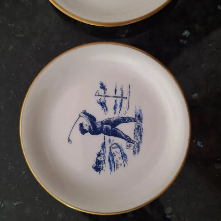 Pair Vintage Sporting Art Coverswall England Bone China Golfer Plates. Gold Rimmed