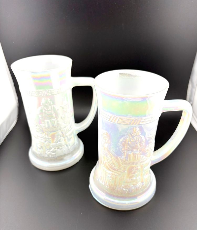 Vintage White Iridescent Federal Glass Mugs Set of 2 6” Tall x 5.5” Wide Marked with F on Bottom