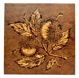 Vintage Pottery Tile Made in Italy Chestnut Seed Pod Nature Floral Brown 7.5”