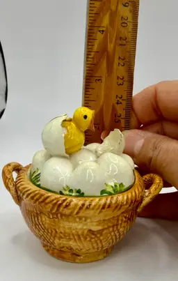Vintage Easter Chick Eggs Basket Ceramic Made in Italy Trinket Dish Cute 2.25"H