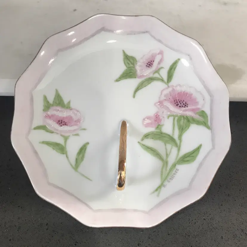 Handpainted Small Plate With Handle Pink Flowers Signed R. Sellers