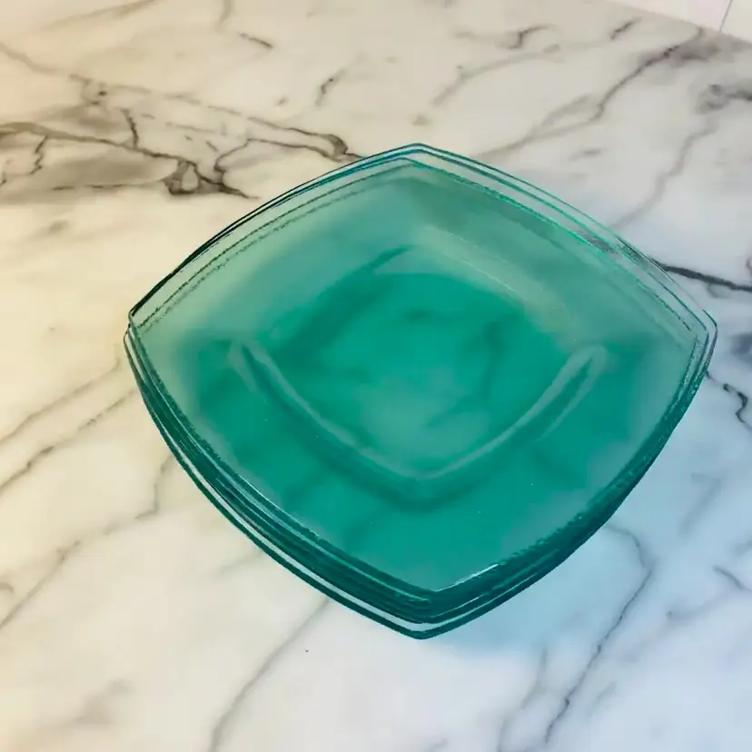 #0220 Six Teal Glass Textured Square Plates Recycled Heavy 6.5 inch