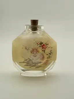 Cat Glass Bottle Reverse Painted Octagon With Cork 2 3/4 X 2 X 1"