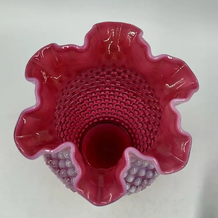 Vintage Fenton Cranberry White Opalescent Hobnail Crimple Ruffled Edge Vase