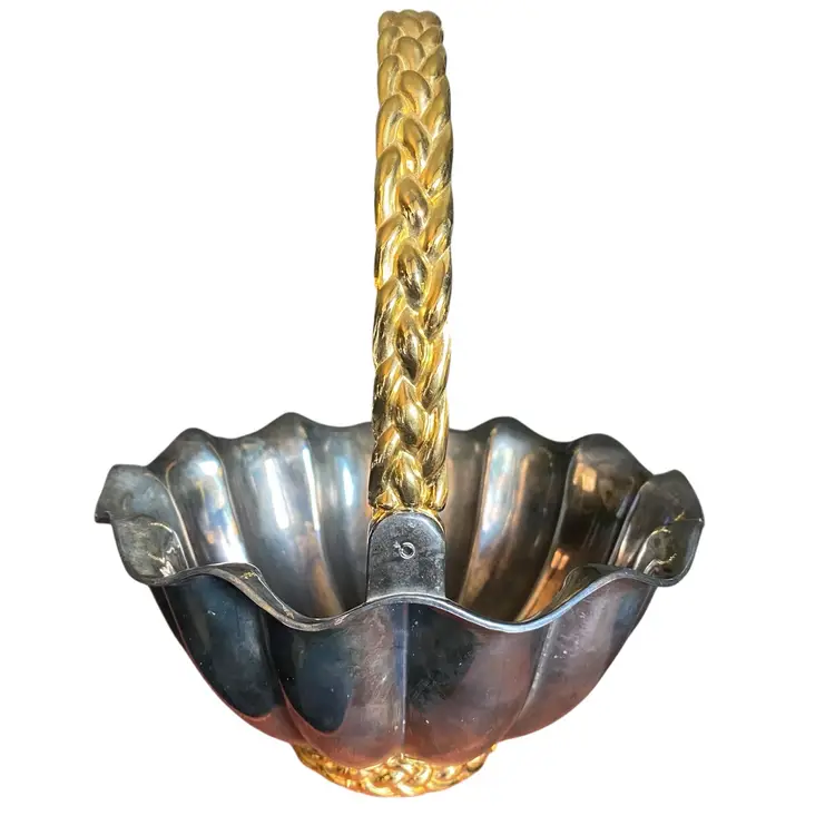 INC Silver Plated Wedding Basket w/Gold Tone Brass Braided Handle