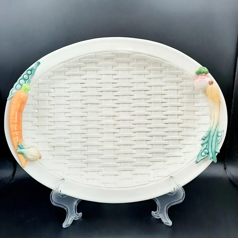 Vintage Fitz and Floyd Kitchen Harvest Basketweave Spring Vegetable Serving Platter Tray