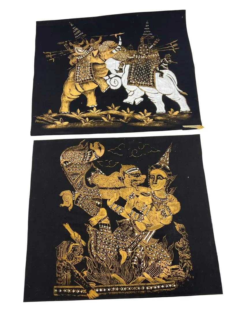 Vintage Thai Fabric Art Panels Pair 12x10 Elephants & Mythical Scene Gold Black Textile Southeast Asian Decor