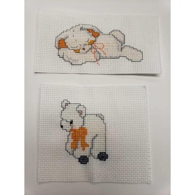 New 2 Piece Cross-stitch Lot One Rolling Bear And One Sleeping Bunny W/ Orange Accents