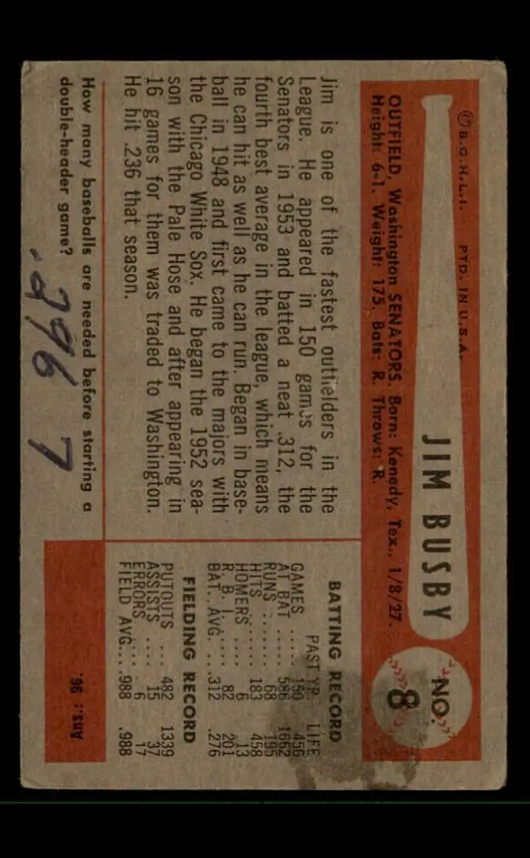1954 Bowman #8 Jim Busby - (pk-tl3) - Washington Senators