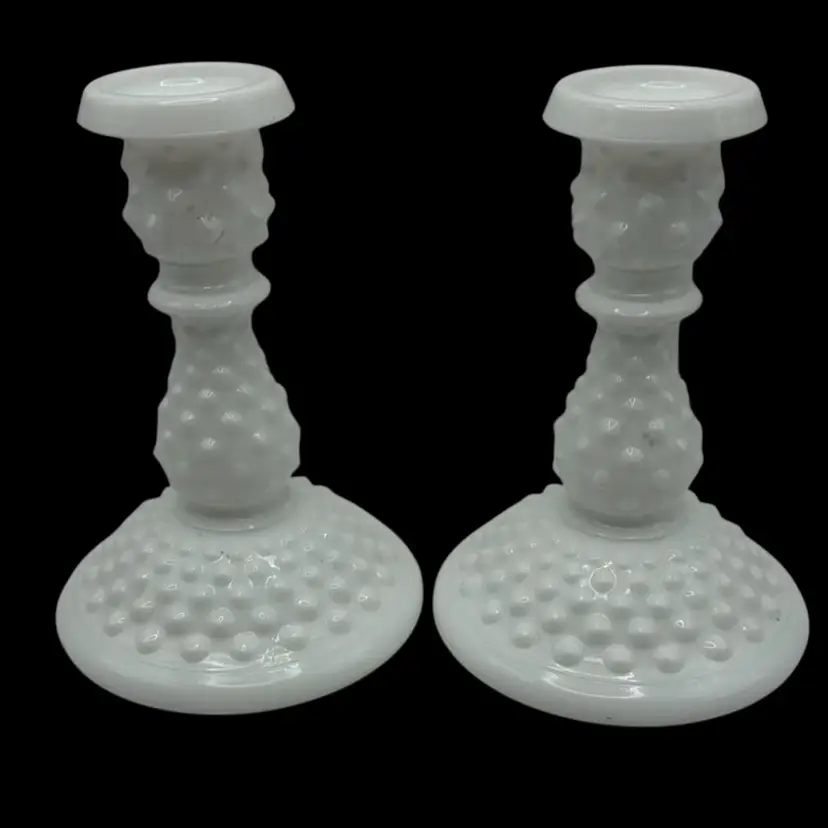 Vintage Set Of 2 Fenton Hobnail White Milk Candlesticks, 6-1/4” Tall