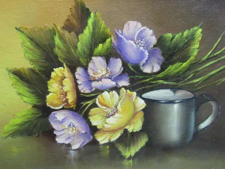 Original Oil Painting Canvas 
8 x 10 Framed "Flowers & Cup" Artist Pat Keely 1990s