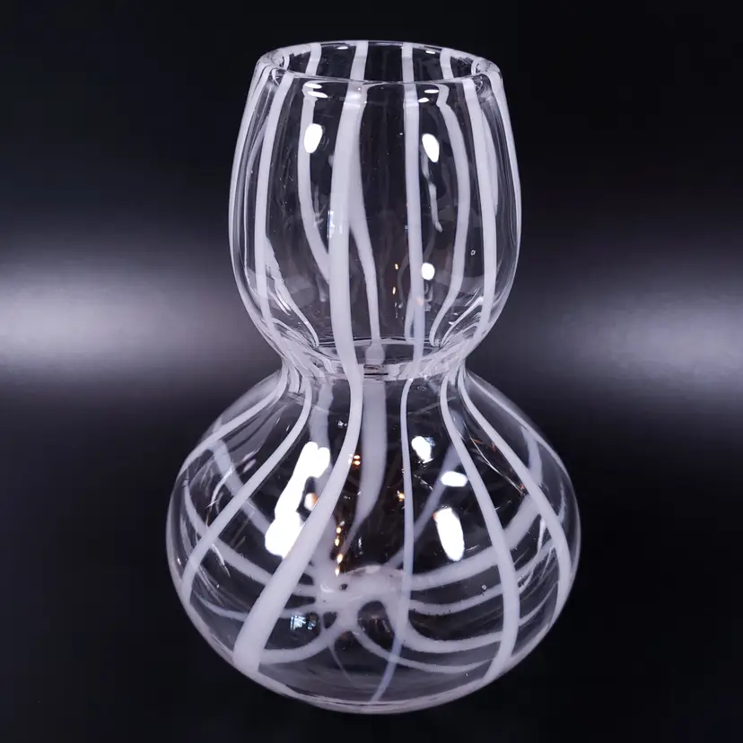 Art Deco MCM White Opalescent Pulled Pinstripe Gourd Hand Blown ART GLASS VASE