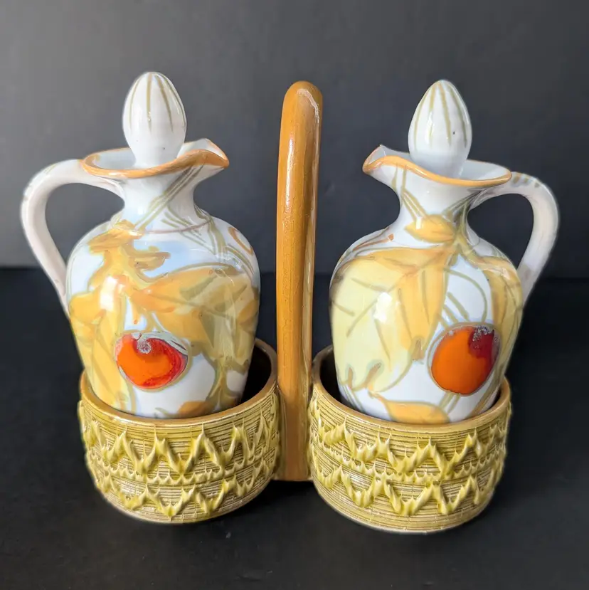 Vintage Mid Century Italian Pottery Oil & Vinegar Cruet Set Yellow and White