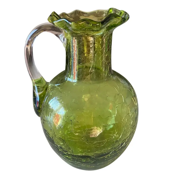 Vintage crackle glass pitcher vase Green Clear Handle