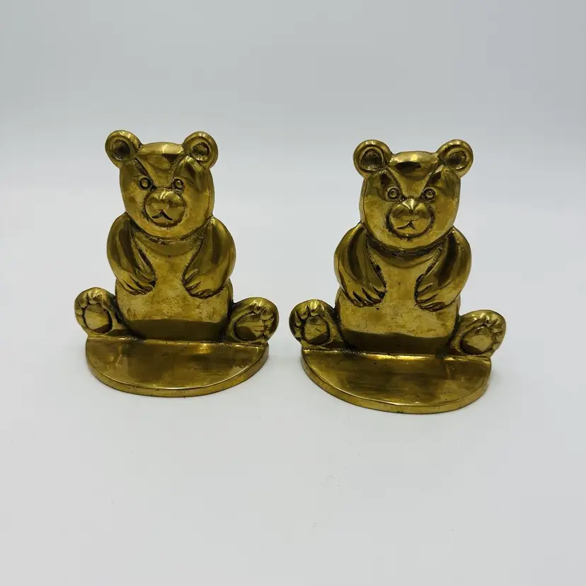 Teddy Bear Bookends Figurines Solid Brass 5in Pair Set Vintage Library Home