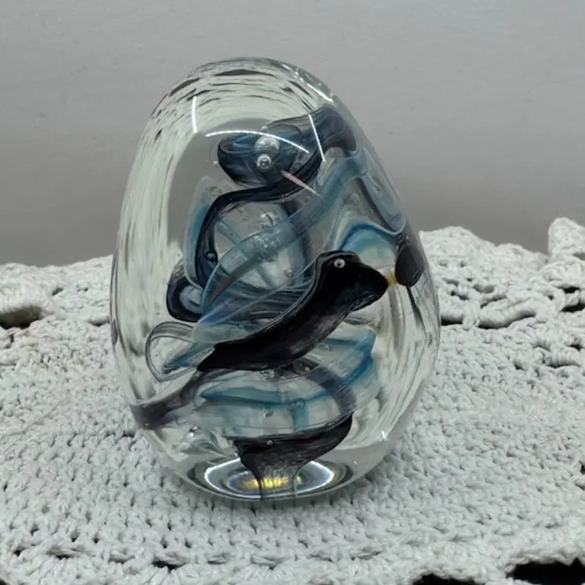Abstract Shaped Hand-blown art glass paperweight with Blue, Black Swirls, 3.25”