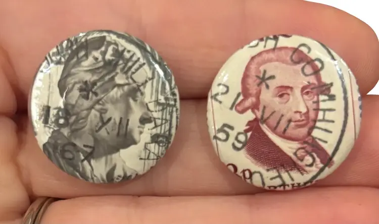 Set of 7- 1" Vintage Cancelled Stamp pins