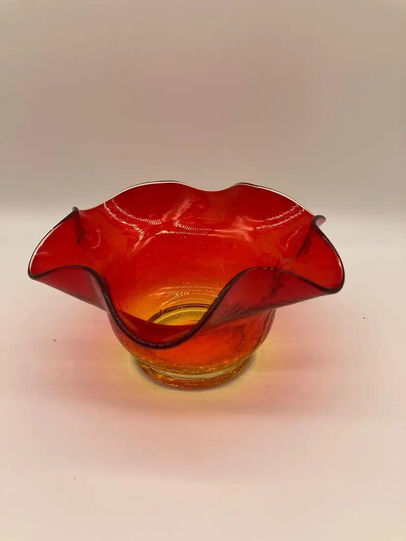 Vintage Kanawha Amberina Crackle Glass Ruffled Edge Candy Bowl Cadmium