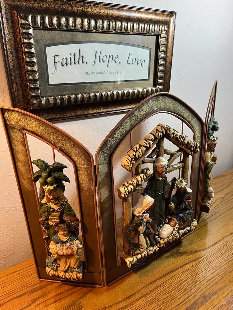 Metal Fireplace Screen Nativity Scene, Triptych 3 Panel