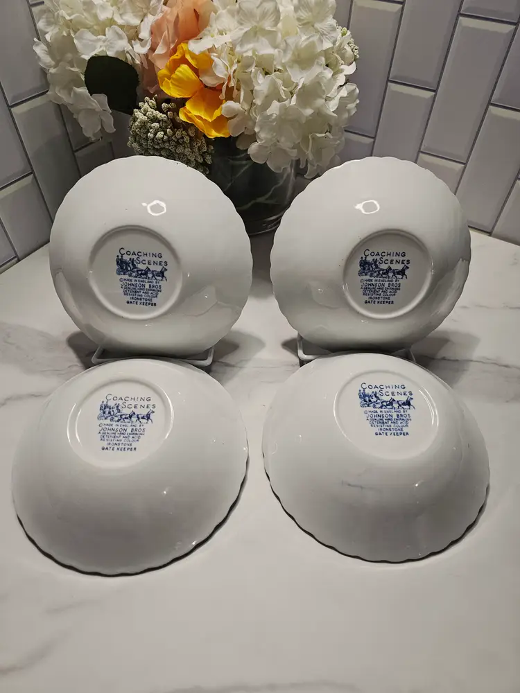 Set of 4 Coupe Cereal Bowls by Johnson Brothers, Coaching Scenes Blue collection