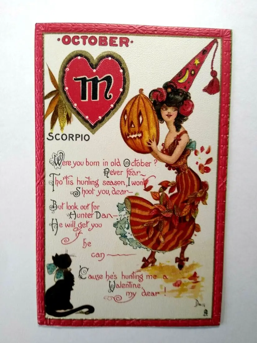 Halloween Postcard Dwig Tucks Victorian Lady Black Cat Original Unused Fantasy