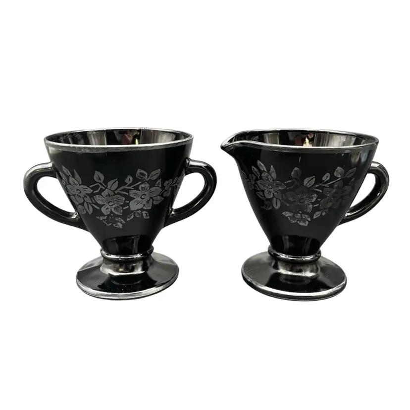 Vintage Hazel Atlas Floral Sterling Black Glass Cream & Sugar Set