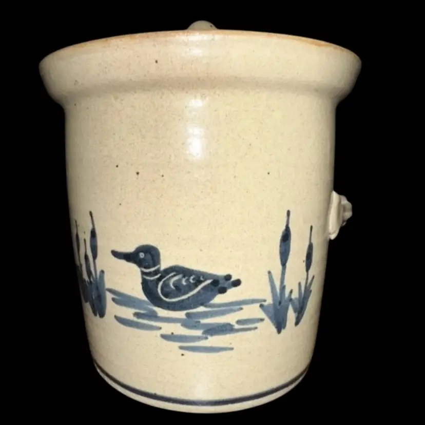 Artisan Signed Studio Pottery Crock Canister With Duck & Cattails 5.25”x4.75”