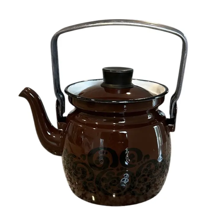 Vintage Brown and Black Enameled Finel Arabia Finland Teapot with Lid