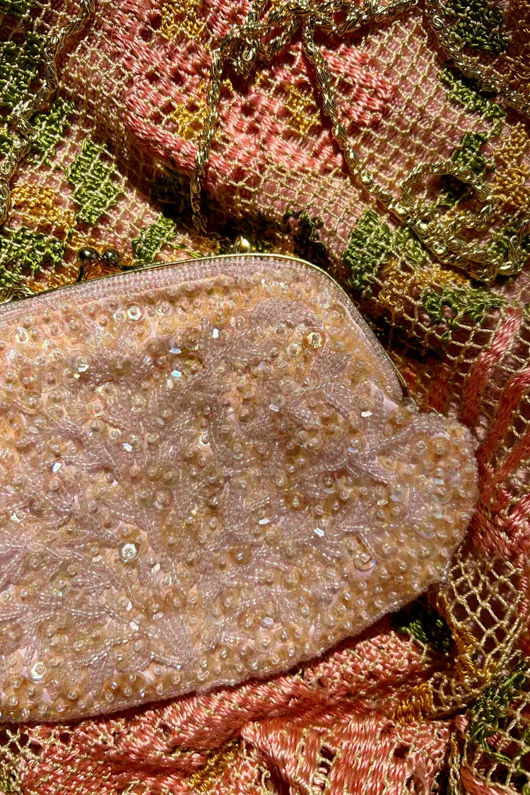 80's Pale Pink Bead & Sequin Mini Evening Bag