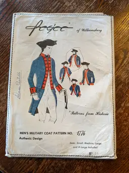 Vintage Pegee Williamsburg Sewing Pattern 1776 Colonial Men's Military Coat uncut opened reenactment clothing Centennial all sizes 1974
