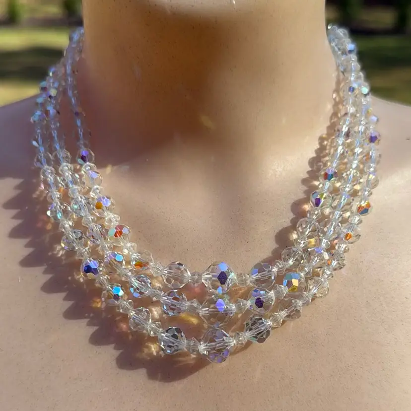 Vintage Holiday Sparkle Tri Strand Aurora Borealis Crystal Choker 16” Necklace