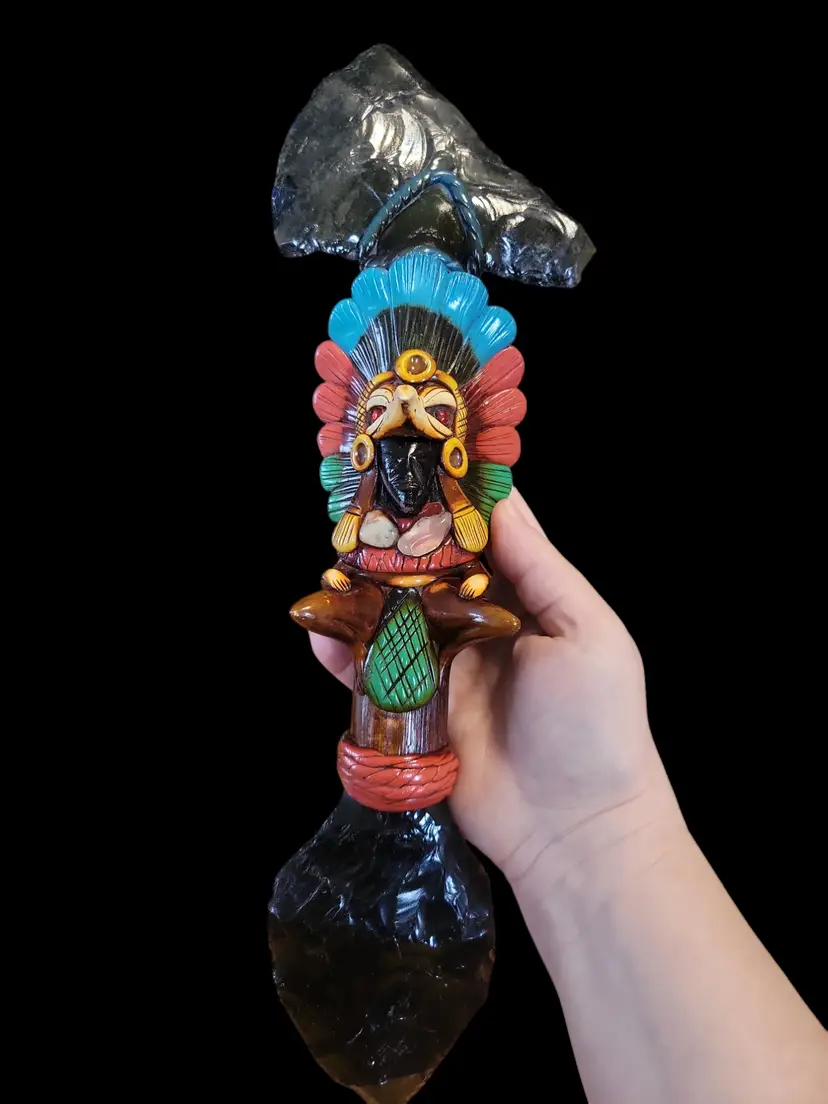Mexican Aztec Eagle Warrior Obsidian Hatchet, Sparhead And Rainstick/ Rattle
15 X 5"