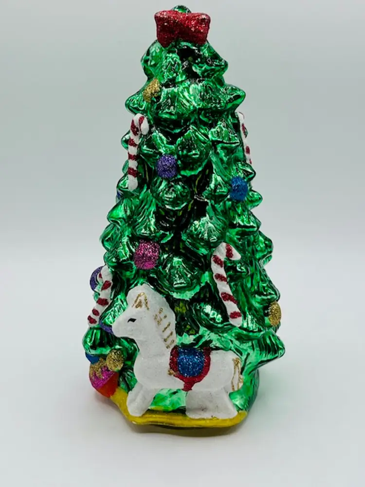 Vintage Green Mercury Glass Glitter Christmas Tree 9.5" Rocking Horse