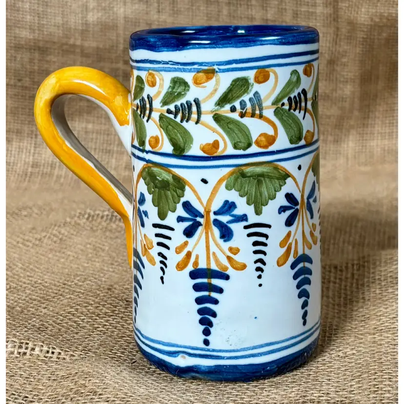 Talavera Mexican Art Pottery Coffee Mug Cup Blue Green Yellow Botanical Boho