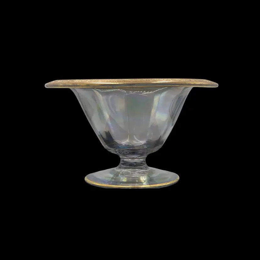 Vintage Footed Bowl Art Nouveau Style Candy Dish or Centerpiece Gold Band Trim 1940s