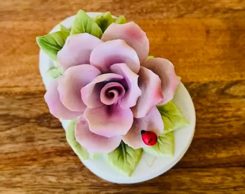 Georgian Fine Porcelain White Nautilus shaped trinket box Pink Flower Ladybug