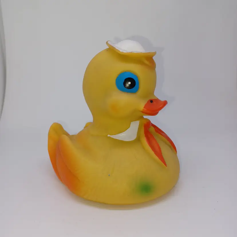 Vintage Sanitoy SAILOR Rubber Duck Squeaky Toy Blue Eyes Red Tie 5" X 5"