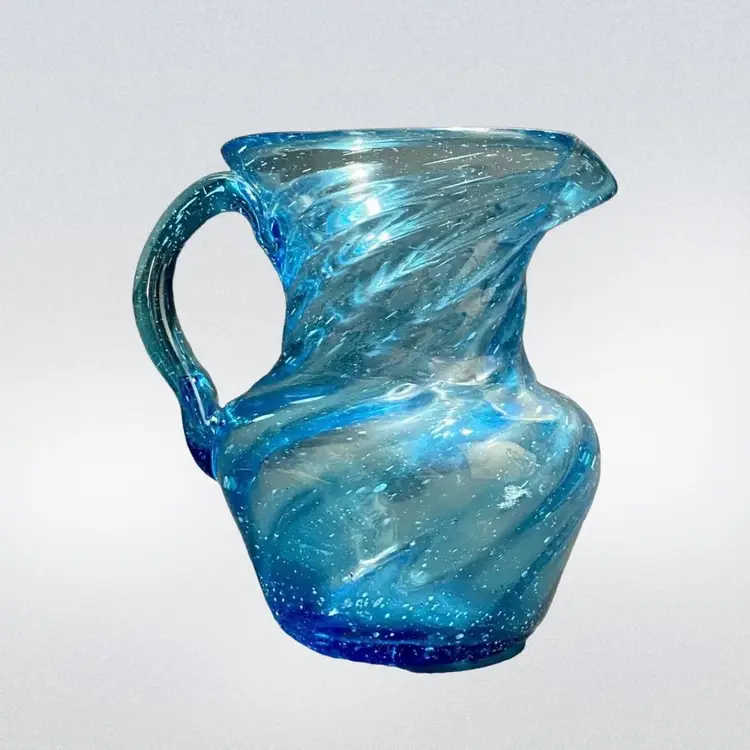 Vintage Hand Blown Creamer Mini Pitcher Vase Art Glass Blue Swirl 3”