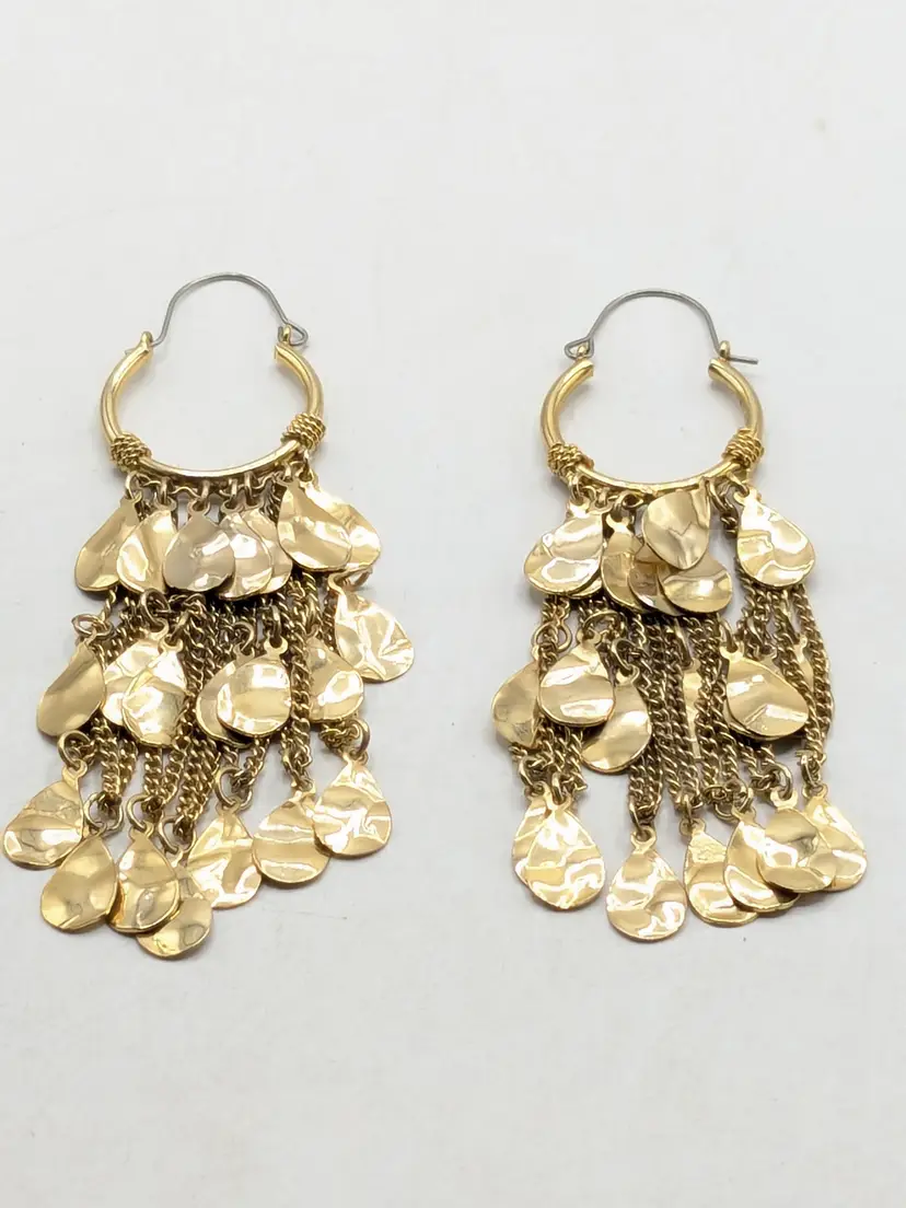 Gold Tone Dangle Hoop Earrings with Textured Discs
