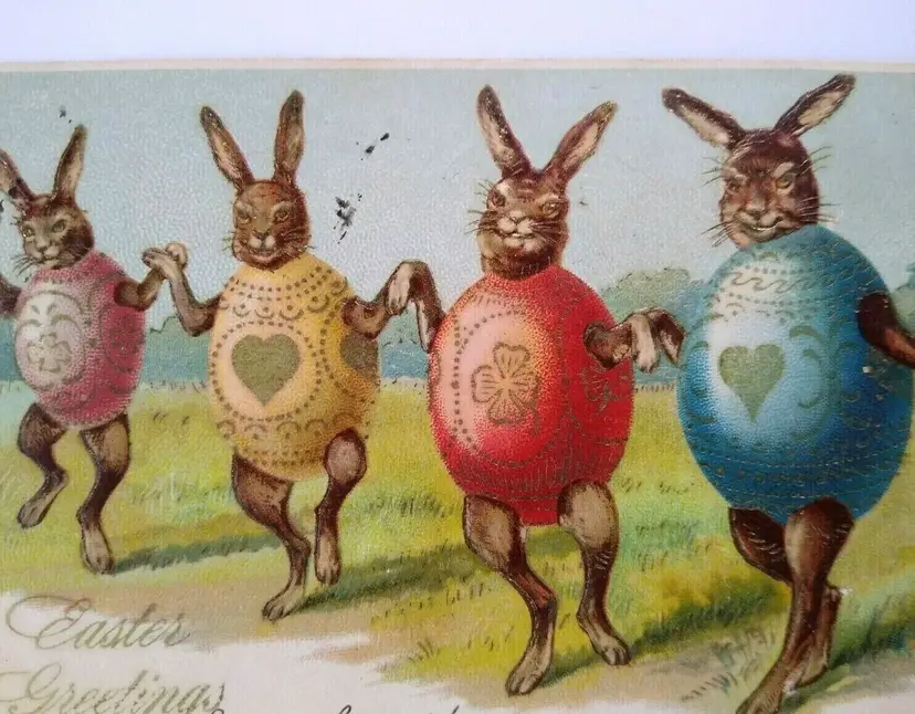 Easter Postcard Fantasy Dressed Rabbits Painted Egg Gilded Bodies Otto Schloss