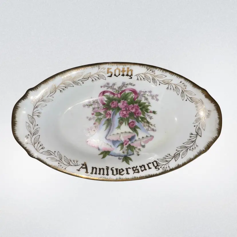 Royal Crown 50th Anniversary Shallow Oval Floral & Bells Serving Bowl 8.5”x5”x1.5”