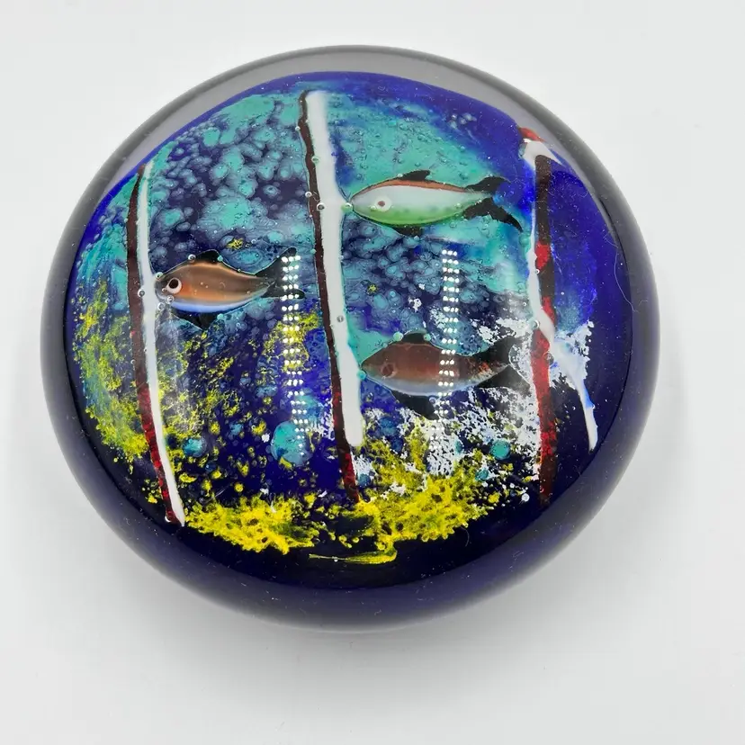Art Blown Glass Round Disk Cobalt Blue Ocean Sea Coral Reef Fish Paperweight